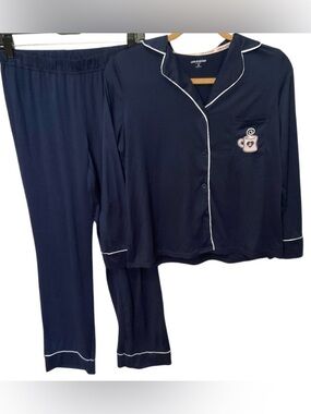 Life is Good Pajama Set Women's S Blue & White Piping Button up Top & Pants